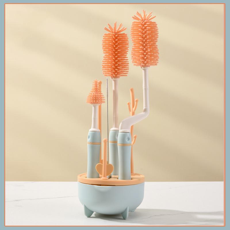 Spazzola per biberon in silicone per bambini Spazzola per pulizia con manico lungo Combinazione di stendibiancheria Set di spazzole per bottiglia di pulizia rotante a 360 gradi