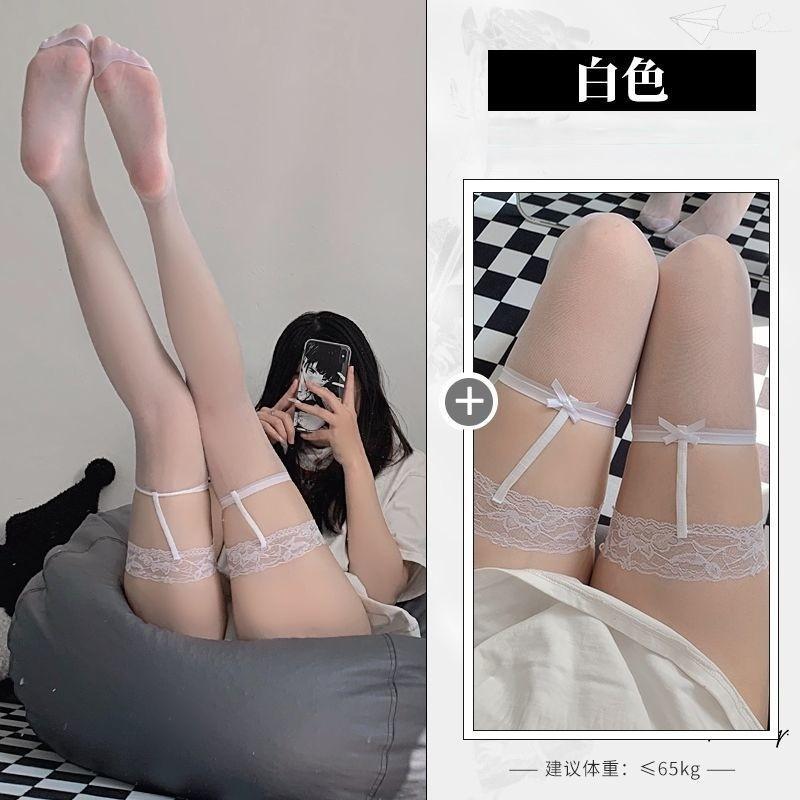 Spring And Summer, Pure Black Silk Punk Style Leg Ring Suspender Stockings, Sexy Thin Skin-Penetrating Versatile Knee Socks