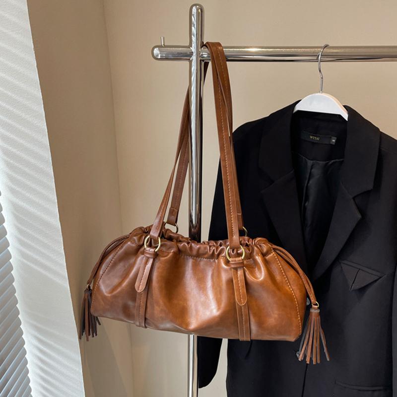 PU Leather Pleated Vintage Tote Bags Buckle Closure Boston Shoulder Bags Large Capacity Women Handbag Luxury Armpit Bag CLE