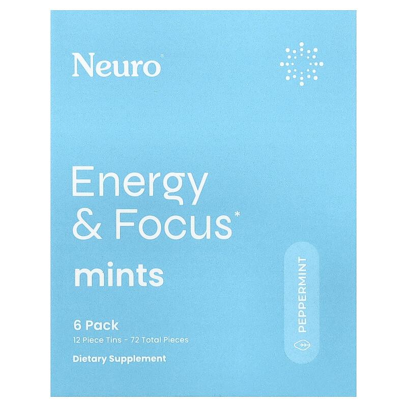 Mints, Energy & Focus, Peppermint, 6 Packs, 12 Pieces Each