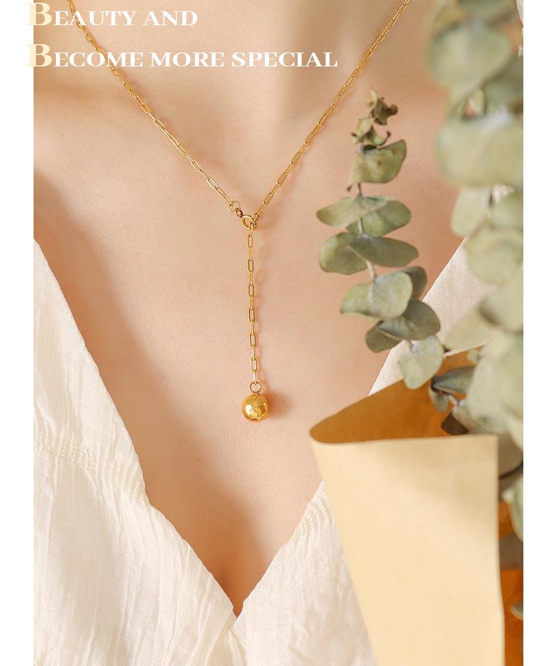 Gold-Plated Geometric Polygon Sphere Pendant Necklace with Adjustable Tassel – Versatile Titanium Steel Clavicle Chain