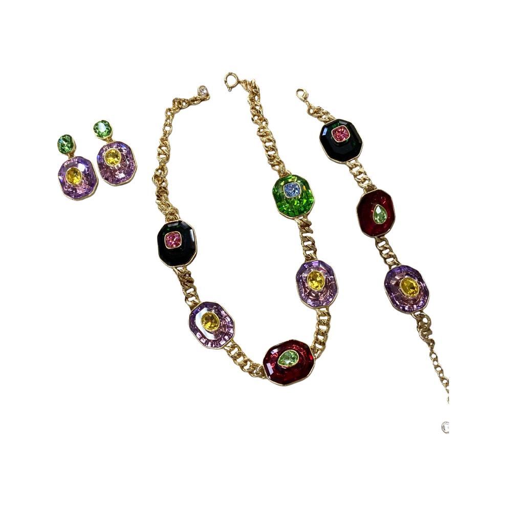 Fashion Crystal Premium Necklace Women'S Light Luxury Bracelet Color Dopamine Earrings Set Accessories