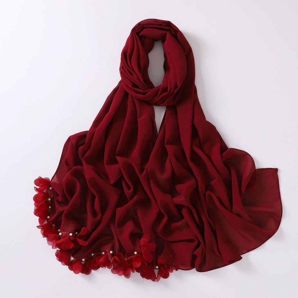 Fashion Bubble Pearl Chiffon Scarf Flower Beads Hijab Muslim Women Headscarf Turban Shawl Wrap Islam Veil Stoles Scarves Bufanda