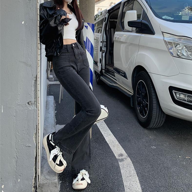 Damen High Waist Schlagjeans Lockerer Schnitt Bootcut Jeans Lässige Koreanische Streetwear Grauer Denim Lange Hose