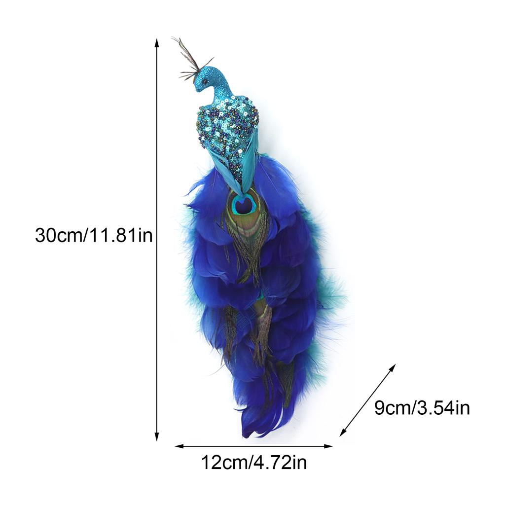 2PCS Simulation Peacock Bird Statue Glitter Clip On Artificial Feathered Peacock with Long Tail for Xmas Tree Holiday