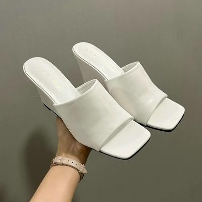 Fashion Retro Wedge Slippers Women Summer Wear Square Head Open Toe Thick Soled Line Sexy High-heeled Slides
