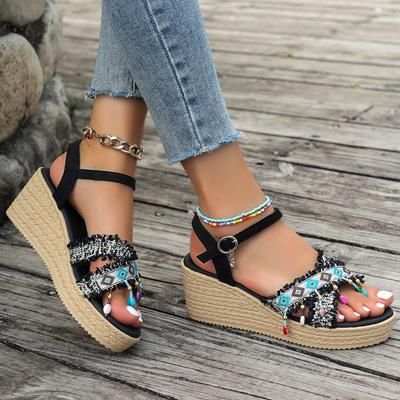 Large-sized Summer Cross-sandals Ethnic Style Fashionable Shoes Wedge Heel Thick-soled Sandals