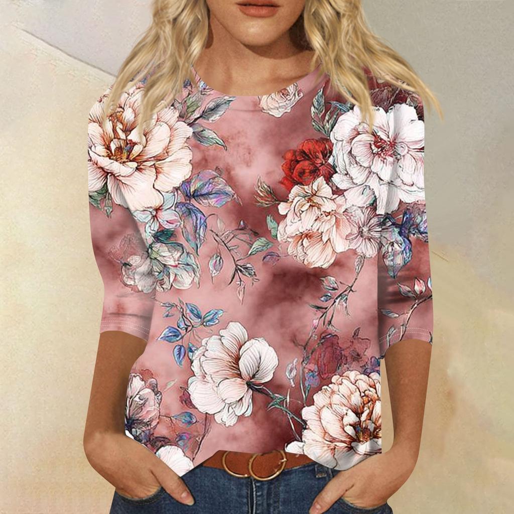 Women's Fashion Casual Round Neck Three Quarter Sleeve Printed T-Shirt Top