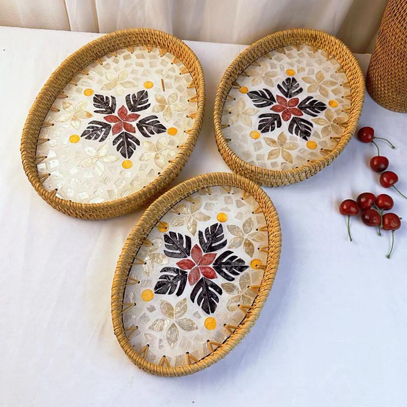 Rattan Fruit Plate Fruit Basket Oval Hand-woven Shell Tray Household Living Room Snack Desktop Storage Trays Home Decoration