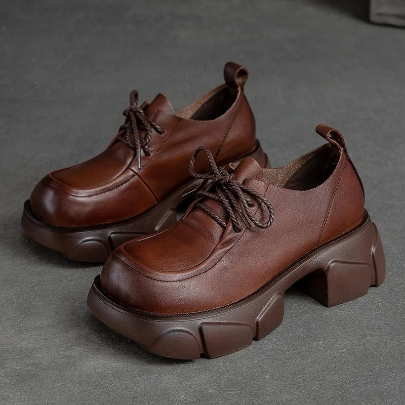 2026 Autumn New Genuine Leather Pumps Thick Sole Loafers Square Toe Lace Up Versatile Leisure Women's Shoes