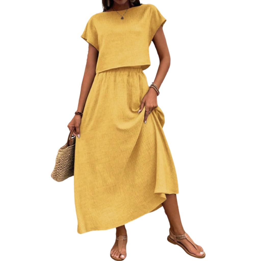 Women Two Piece Set Short Sleeve Crop Top and Casual A-Line Maxi Skirt Lightweight Comfortable Summer Outfit