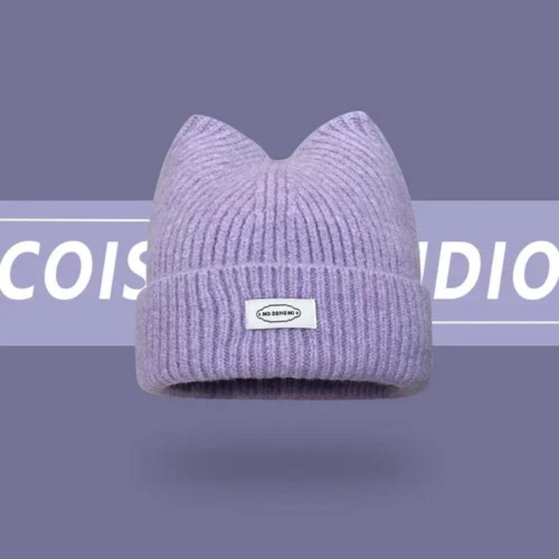 Korean Version New Cute Cat Ear Letter Patch Knitted Hat Women's Autumn and Winter Thickened Warm Versatile Simple Beanie Cap
