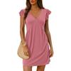 Women V Neck Flutter Sleeve Pleated Solid Color Flowy Long Dress