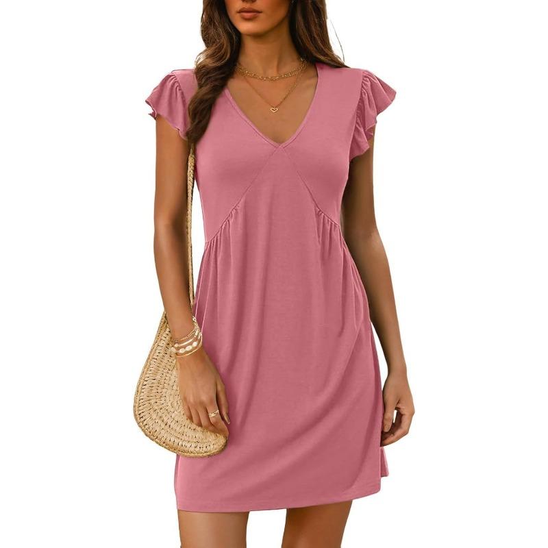 Women V Neck Flutter Sleeve Pleated Solid Color Flowy Long Dress