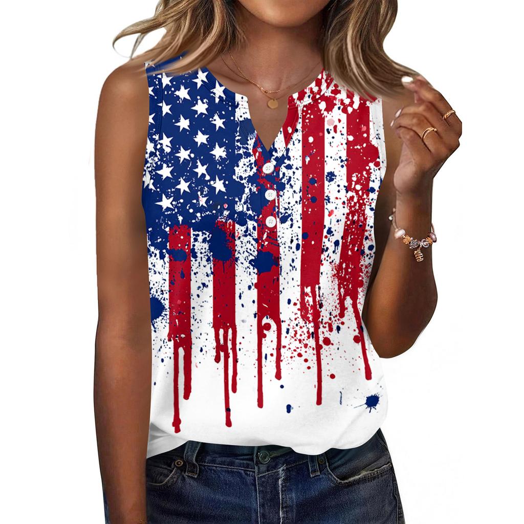Canotta da donna senza maniche con scollo a V e bottoni sul davanti, camicetta casual estiva, stampa bandiera americana, leggera, vestibilità ampia