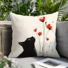 Minimalist Black Cat Red Poppy Pillow Cover Art Print Cushion Case Cat Lover Floral Home Decor Gift