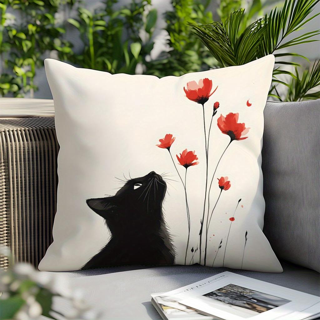 Minimalist Black Cat Red Poppy Pillow Cover Art Print Cushion Case Cat Lover Floral Home Decor Gift