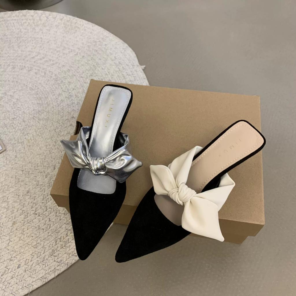 Fashion 2024 Summer Women Pointed Toe High Heels Sandals Bowknot Fashion Flower Woman Shoes Slingback Woman Slippers