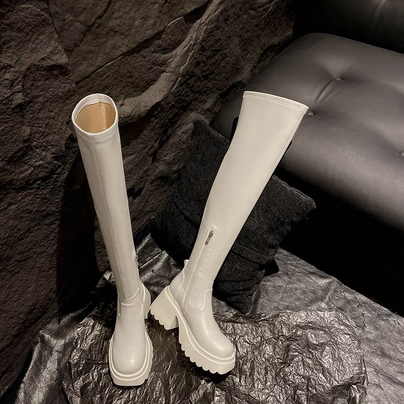 Krazing Pot Skórzane buty wiosenne i zimowe z grubego dna, antypoślizgowe, platformy, damskie, wsuwane, wysokie buty do ud