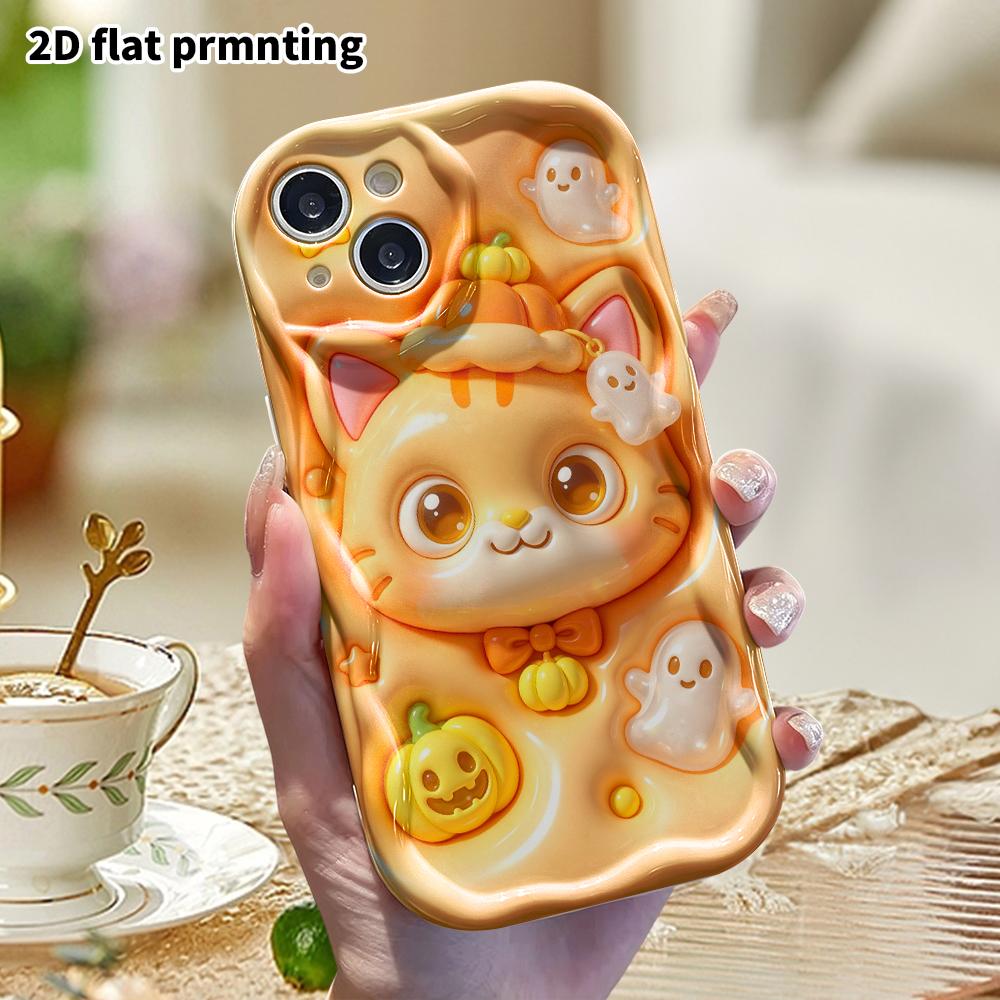 Phone Case: 2D Flat, Suitable for iPhone 18 17 16 15 14 13 Pro Protective Case, Pumpkin Kitten, Perfect Christmas and Halloween Holiday Gift