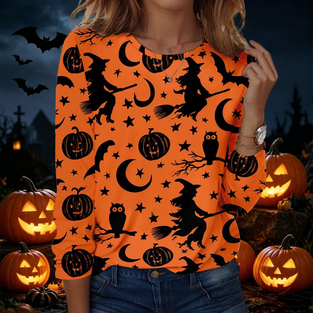 Women's Long Sleeve Casual Halloween Print Pullover Sweatshirt Round Neck Comfortable Fit Seasonal Top for Autumn Winter