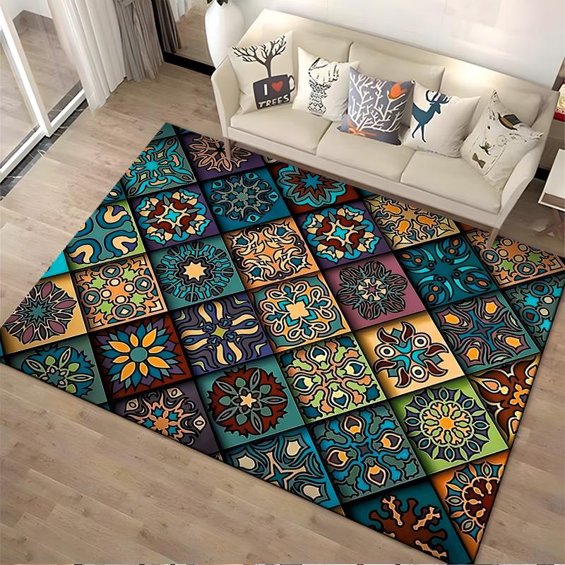 Colorful Geometric Carpet with Vintage Floral Tile Patterns Suitable for use as an anti-slip for living room bedroom sofas