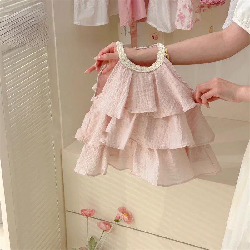 Girls Casual Dresses Summer Children Clothing Sweet Vest Baby Cake Round Collar Fashion Soild Sweet Pink