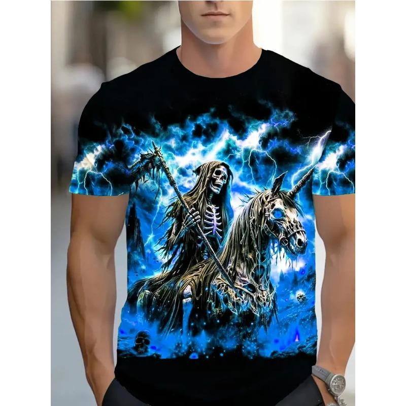 

Летняя футболка с круглым вырезом и 3D-принтом Мрачного Жнеца на Скелете Единорога, модная повседневная мужская футболка с коротким рукавом 6XL