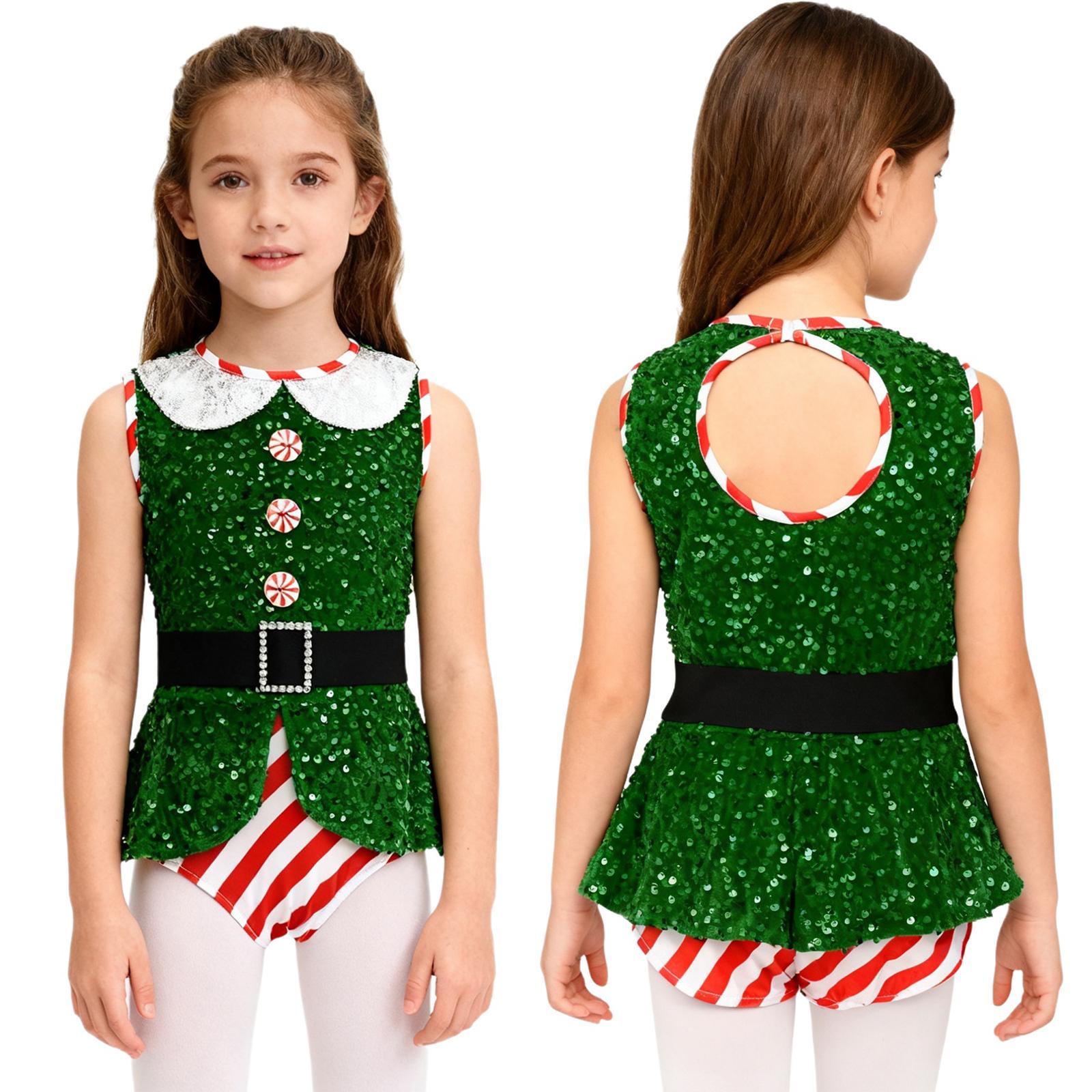 

Girls Christmas Elf Costume Bodysuit Leotard Dance Gymnastic Ballet Dresses Sleeveless Sparkly Sequins Jumpsuit and Waistbelt 3-4 Years зелений