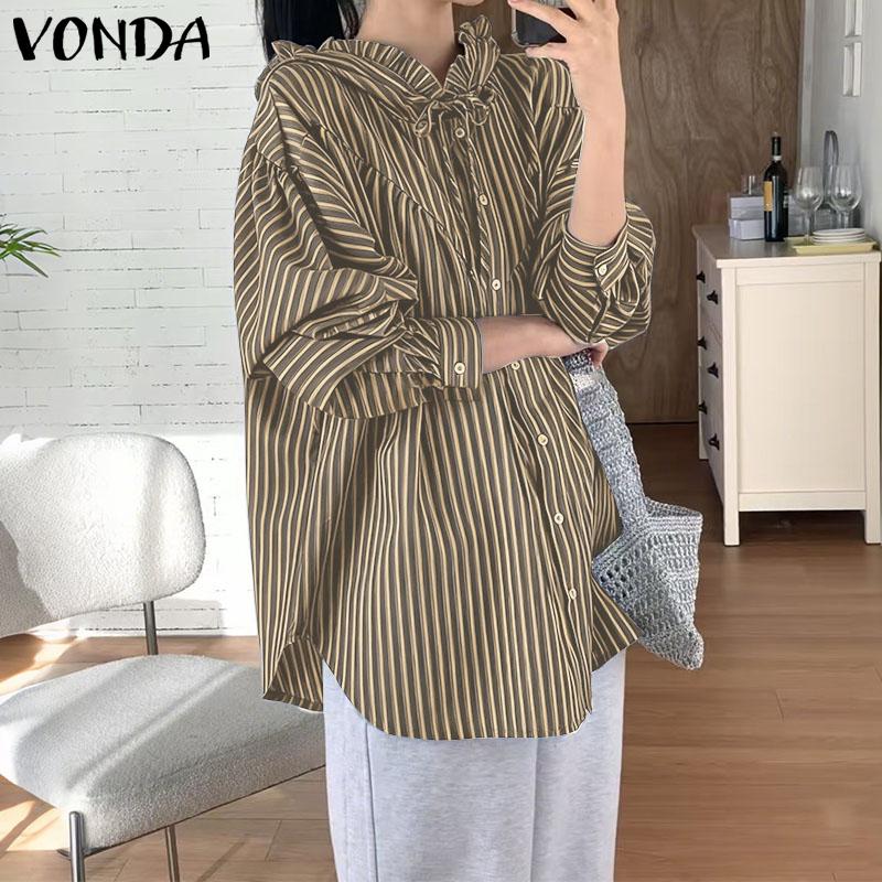 VONDA Oversized Women Casual Long Sleeve Striped Loose Hooded Shirts Blouse