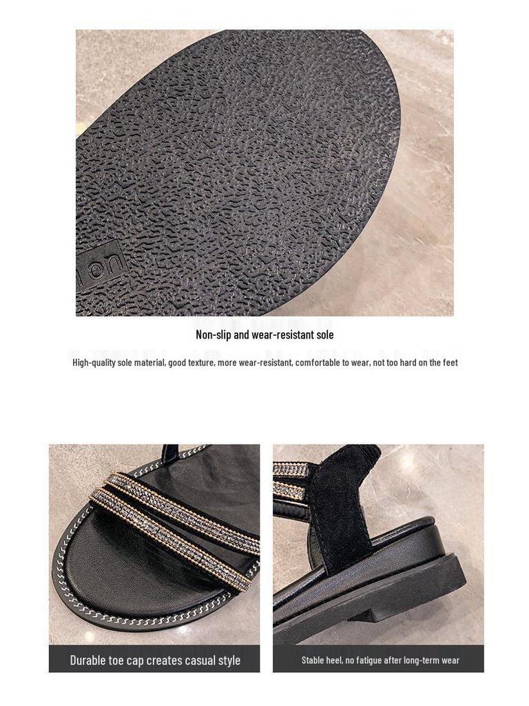 2025 Women’s Roman-Style Rhinestone Sandals - Casual, Korean-Inspired Summer Flats, Non-Slip & Versatile Fashion