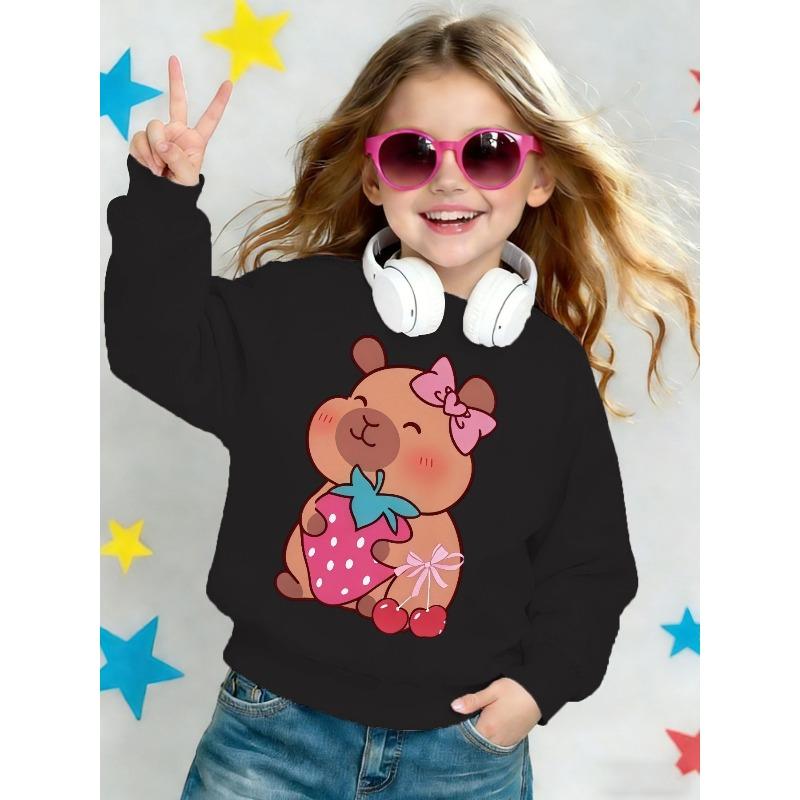 Kids Crewneck Sweatshirt, Cartoon Bear Strawberry Cherry Print Cute Sweet Casual Long Sleeve Top