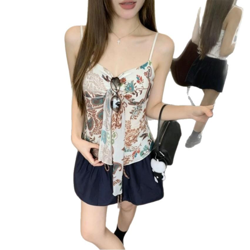 Niche Retro Plant Flower Print Mesh Sling Women's Summer New Vacation Sexy Slim Fit with Chest Pad Vest