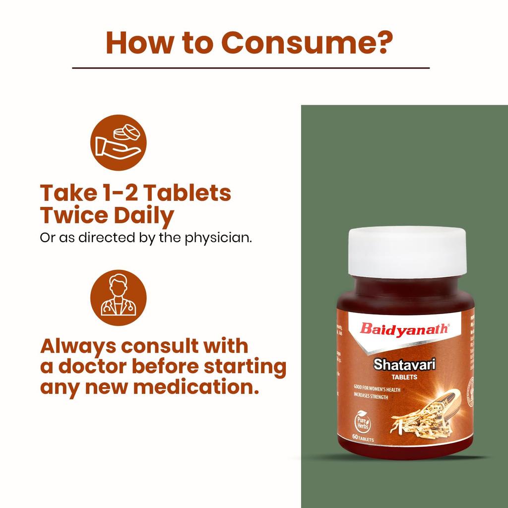 Baidyanath Shatavari Tablets 60 Tabs X Pack of 2 250mg Herbal Supplement for Immunity Strength and Wellness Support