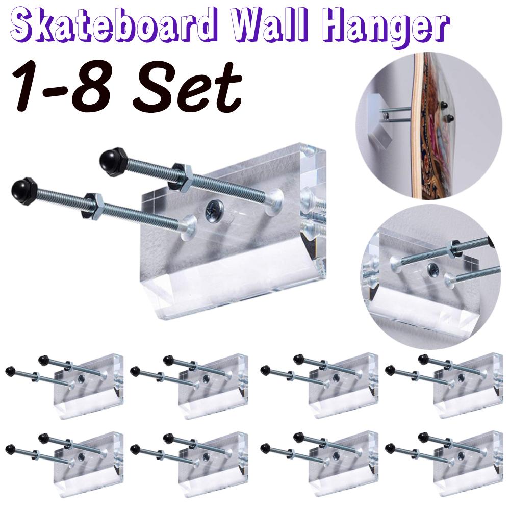 1-8 Set Skateboard Wall Hanger Clear Acrylic Wall Mount Skateboard Storage Holder for Skateboard Lovers Skateboard Display Rack