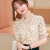 Spring Women Elegant V Neck Polka Dot Ruffle Lace Chiffon Blouse