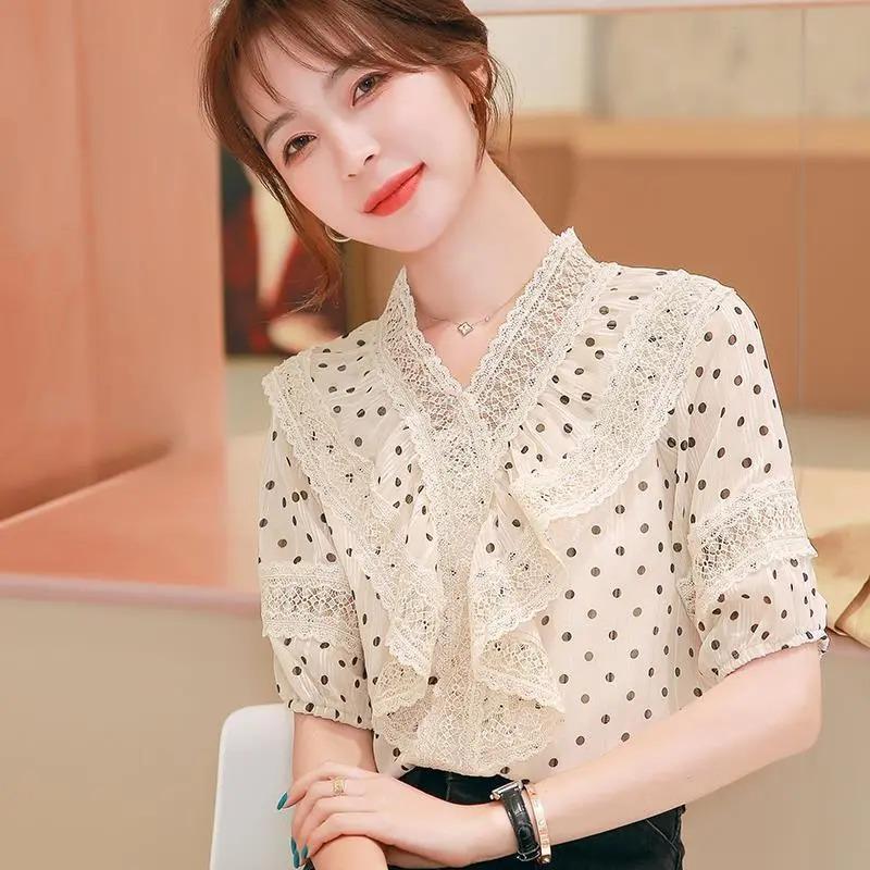 Spring Women Elegant V Neck Polka Dot Ruffle Lace Chiffon Blouse S абрикосовый