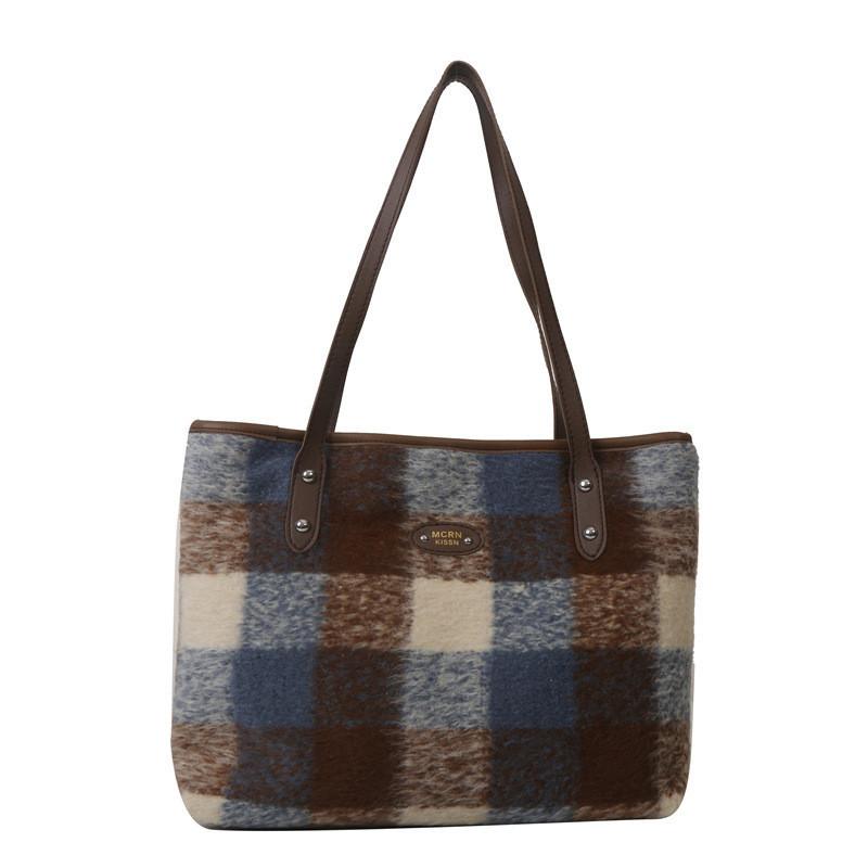 Fashionable Winter Woolen Plaid Tote Bag 2023 Stylish Casual Shoulder Handbag Soft Texture