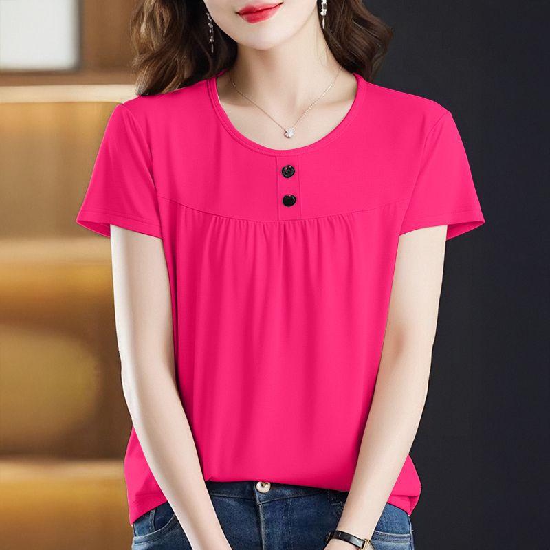 

Корейская версия пуловера с круглым вырезом в зарубежном стиле, топ с короткими рукавами, летняя новинка, одежда дофаминового стиля, футболка большого размера, женская одежда 5XL розы красного