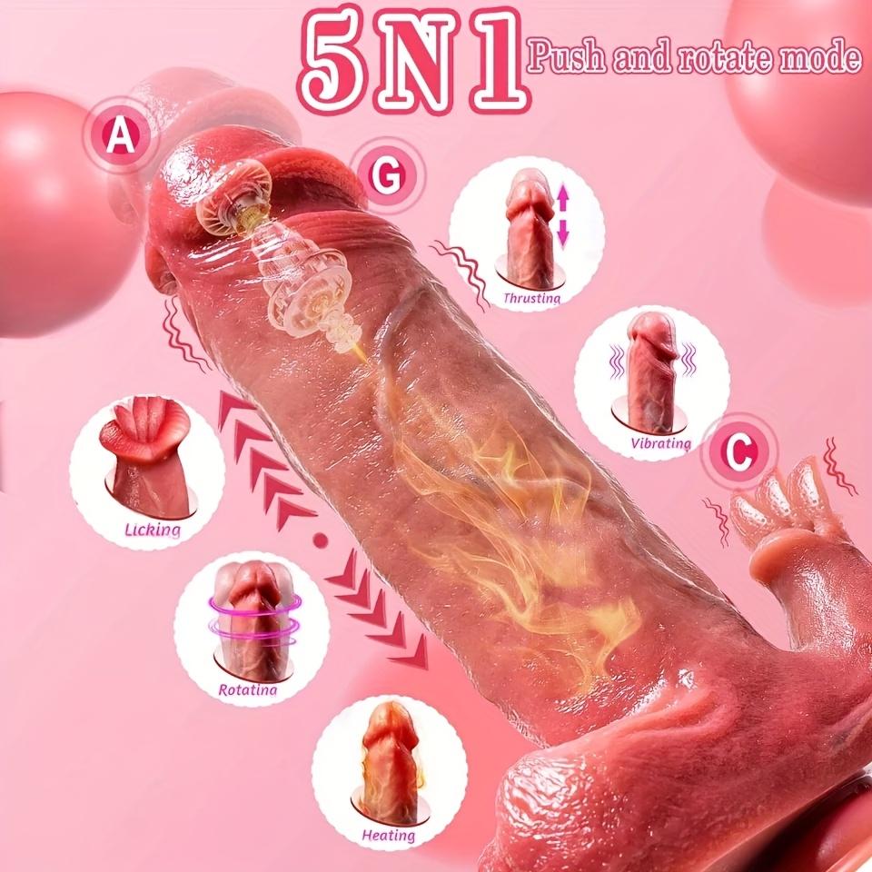 5-in-1 Telescopic Rotating Dildo Vibrator – Tongue Licking Clitoral Stimulator,Thrusting & Heating G-Spot Anal Toy,Hands-Free Base for Women & Couples