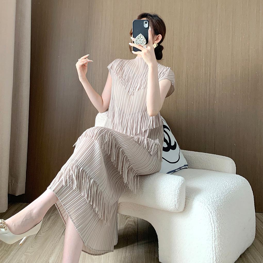 High-End Temperament Western Style Tassel Pleated Long Skirt for Spring/Summer