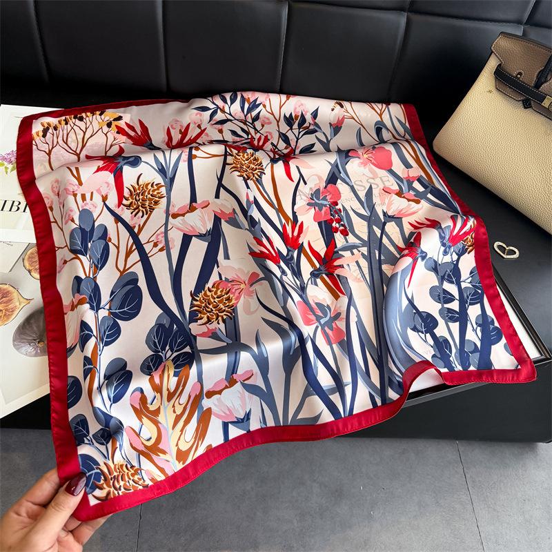 French Floral Printed Silk Like Neck Scarf For Women 66*70cm