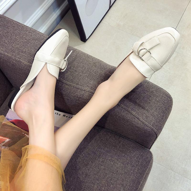 Fashion 2024 Summer Shoes Flat Slides Woman Solid Leather Mules Cover Toe Babouche Flip Flops Ladies Belt Buckle Slippers Female Sandals