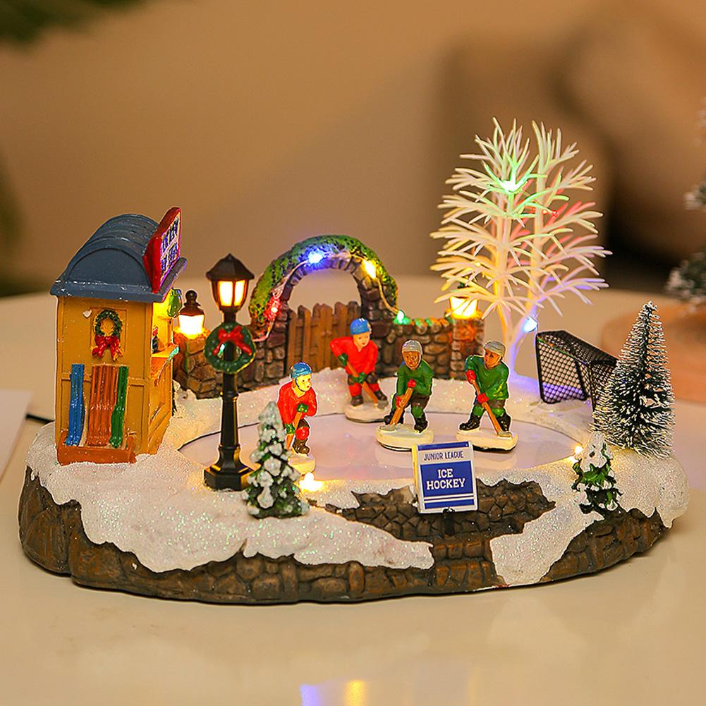 Christmas Village House Tabletop Decoration with Music and Skating Kids Village House Winter Ice Hockey LED Light Ornament