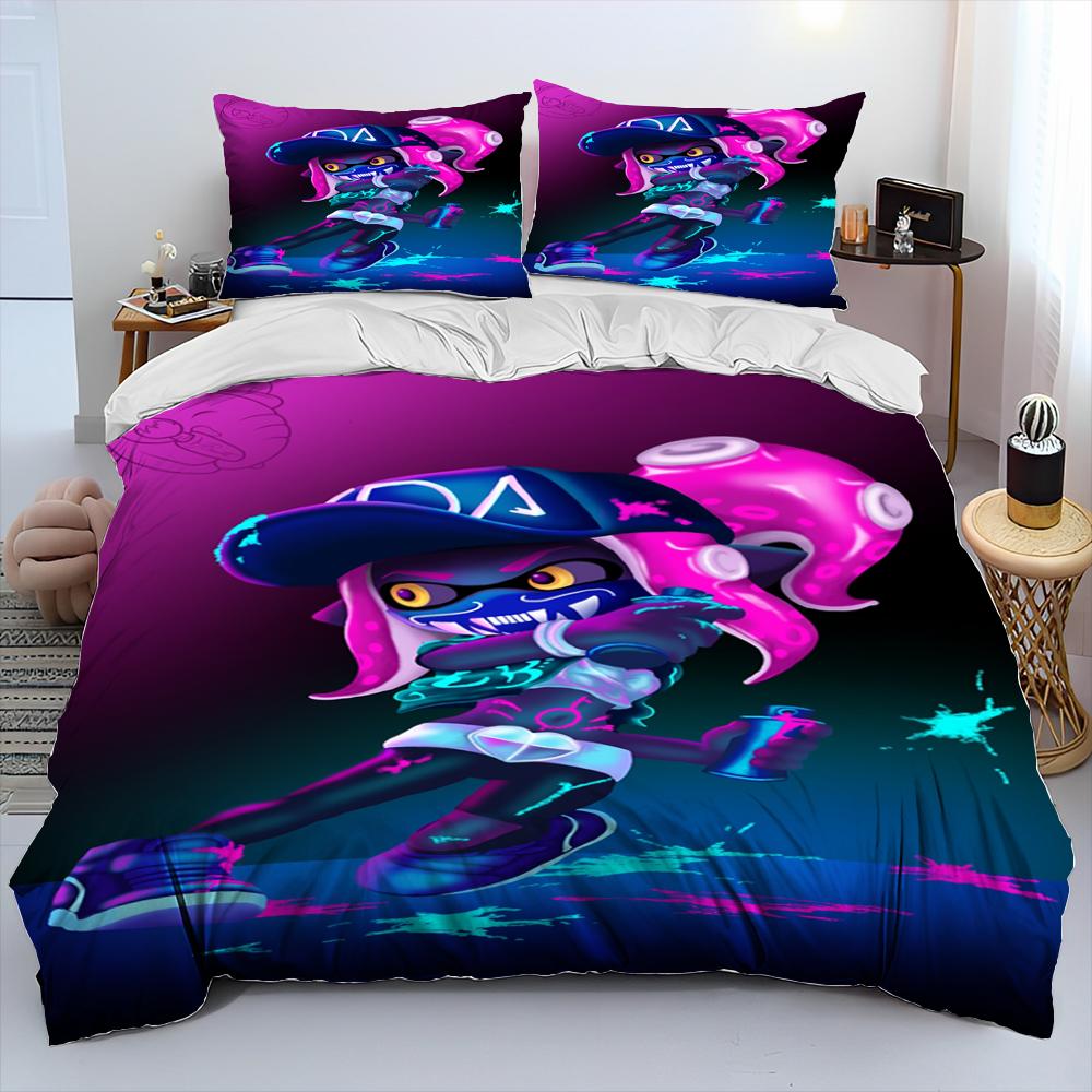S-Splatoon Game Gamer Cartoon Comforter Bedding Set,Duvet Cover Bed Set Quilt Cover Pillowcase,King Queen Size Bedding Set Kids