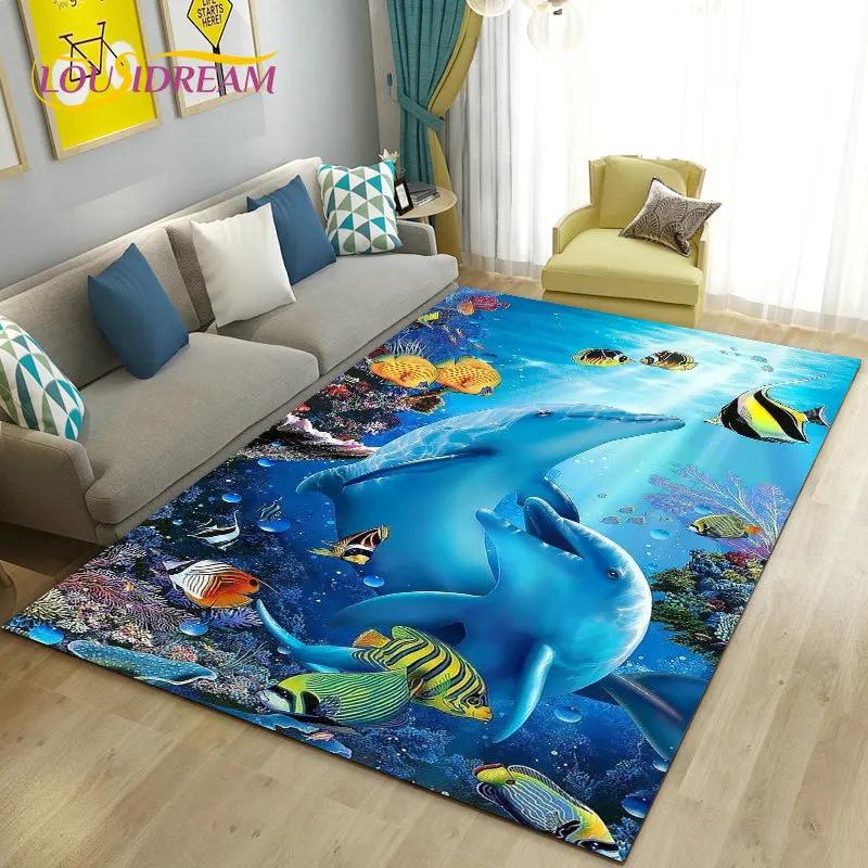 3D illusion Underwater World Seabed Dolphin Shark Area Rug ,Carpet Rug for Living Room Bedroom Sofa Doormat Non-slip Floor Mat