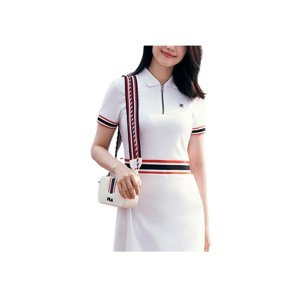 Fila Fitted Half-Zip Fashion Knit Dress With Stripe Details Women Dresses White F11W021310FWT