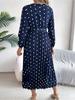 Robe imprimée à col en V et à superpositions, moulante, élégante, plissée, à pois ondulés, manches longues, ample, décontractée