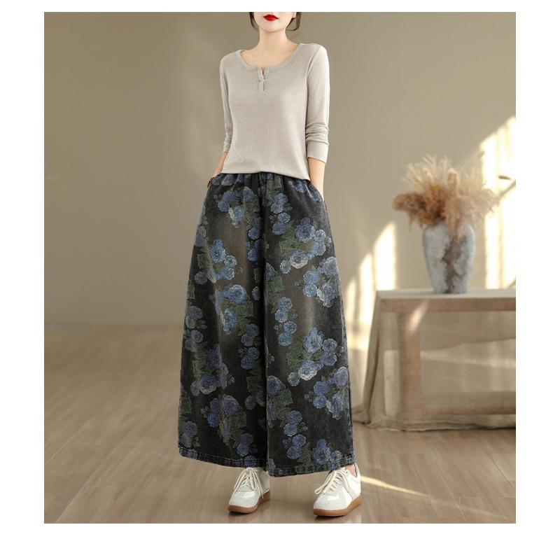 DIMANAF Plus Size Autumn 2025 Jeans New Long Pants Women Loose Denim Trousers Big Size Casual Floral Print