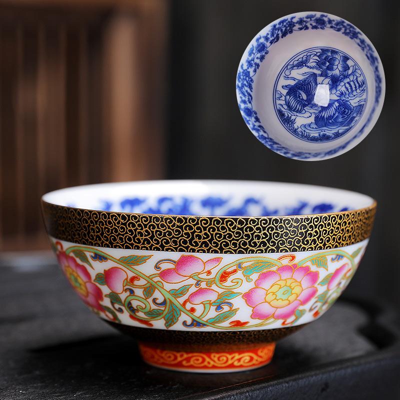 Ceramic Enamel Color Tasting Single Blue and White Douli Japanese Style Filigree Tea Bowl Kung Fu Master Cup Gift Bo